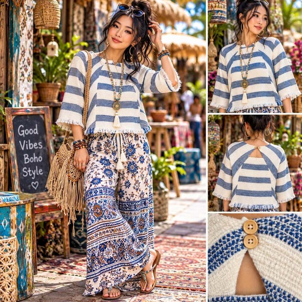 Zara Basic Collection Striped Textured Top USA S Blue Cream Fringe